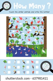 Counting game of cute birds animals for preschool kids activity worksheet layout in A4 colorful printable version. Vector Illustration.