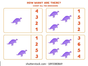 Counting game with cute cartoon dinosaur Spinosaurus. Math worksheet.