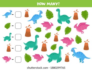 Counting game with cute cartoon dinosaurs and volcanos. Math worksheet for kids.