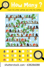 Counting game of cute monkeys and primates animals for preschool kids activity worksheet layout in A4 colorful printable version. Vector Illustration.