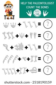 Contando jogo com bonito paleontólogo e ossos de dinossauros. Atividade de adição de matemática para crianças pré-escolares. Planilha simples pré-histórica dino terra printable contagem com esqueleto animal antigo
