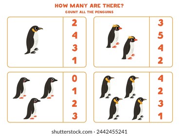 Counting game with cute penguins. Educational worksheet.