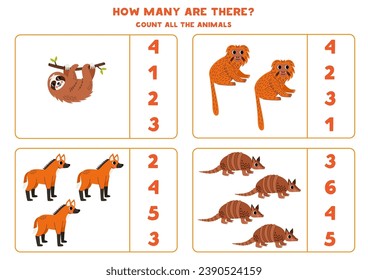 Counting game with cute South American animals. Educational worksheet.