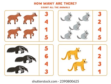 Counting game with cute South American animals. Educational worksheet.