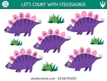 Contando o jogo com stegosaur bonito e números em seus pratos ósseos. Atividade de adição matemática de dinossauros para crianças pré-escolares. Planilha simples pré-histórica dino terra printable contagem com animal antigo
