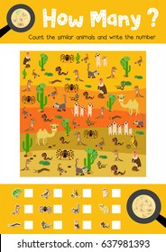 Counting game of desert animals for preschool kids activity worksheet layout in A4 colorful printable version. Vector Illustration.