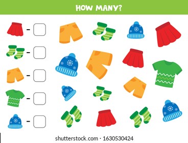 Counting game with different clothes. Count how many shirts, shorts, skirts, socks and caps are there.