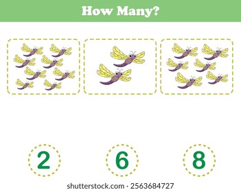 Counting game of dragonflies for preschool kids. Printable. Vector Illustration