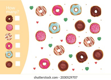 Counting game. Education kid in kindergarten, preschool, school. Mathematics puzzle. Children logic learning. How many, counting task. Count, match objects. Educational math test page. Vector art.