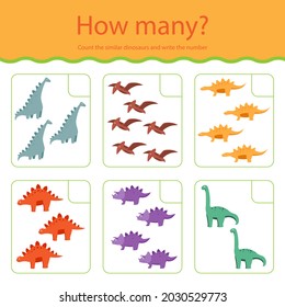 Counting game. Education kid in kindergarten, preschool, school. Mathematics puzzle. Children logic learning. How many, counting task. Count, match objects. Educational math test page. Vector art.