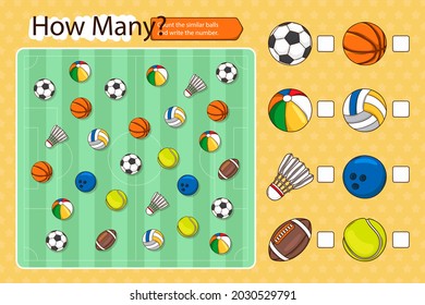 Counting game. Education kid in kindergarten, preschool, school. Mathematics puzzle. Children logic learning. How many, counting task. Count, match objects. Educational math test page. Vector art.