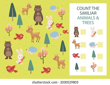 Counting game. Education kid in kindergarten, preschool, school. Mathematics puzzle. Children logic learning. How many, counting task. Count, match objects. Educational math test page. Vector art.
