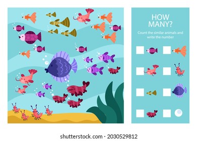 Counting game. Education kid in kindergarten, preschool, school. Mathematics puzzle. Children logic learning. How many, counting task. Count, match objects. Educational math test page. Vector art.