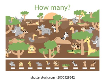 Counting game. Education kid in kindergarten, preschool, school. Mathematics puzzle. Children logic learning. How many, counting task. Count, match objects. Educational math test page. Vector art.