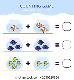 Counting game. Education kid in kindergarten, preschool, school. Mathematics puzzle. Children logic learning. How many, counting task. Count, match objects. Educational math test page. Vector art.