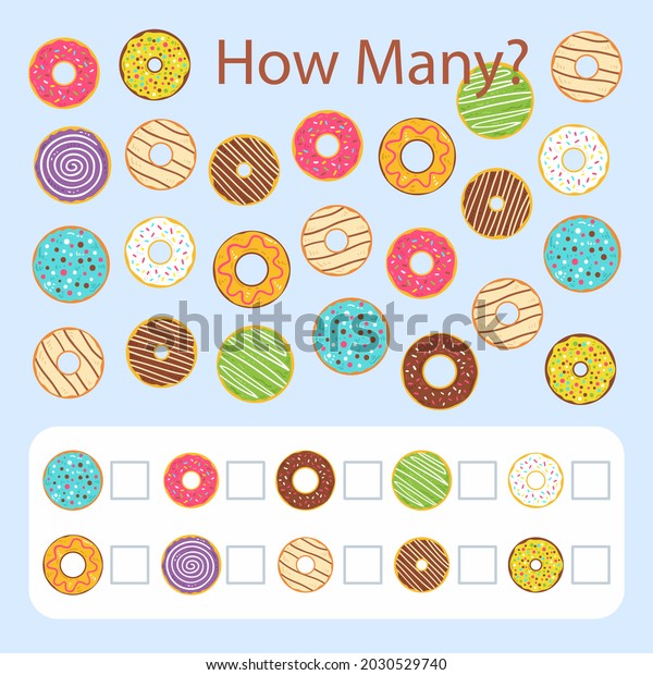 Counting game. Education kid in kindergarten,\
preschool, school. Mathematics puzzle. Children logic learning. How\
many, counting task. Count, match objects. Educational math test\
page. Vector art.