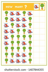 Counting game, educational game for children. Count how many Balloons and Helicopters in each row and write the result! 