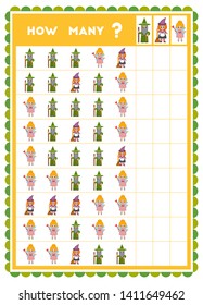 Counting game, educational game for children. Count how many cartoon characters in each row and write the result! 