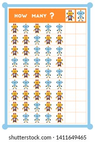 Counting game, educational game for children. Count how many robots in each row and write the result! 