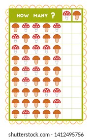 Counting game, educational game for children. Count how many Mushrooms in each row and write the result! 