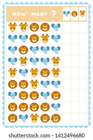 Counting game, educational game for children. Count how many animals in each row and write the result! 