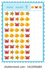 Counting game, educational game for children. Count how many sea animals in each row and write the result! 