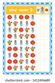 Counting game, educational game for children. Count how many flowers in each row and write the result! 