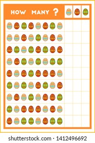 Counting game, educational game for children. Count how many Easter eggs in each row and write the result! 