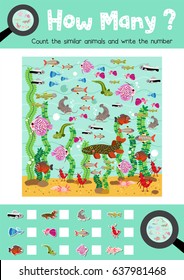 Counting game of freshwater animals for preschool kids activity worksheet layout in A4 colorful printable version. Vector Illustration.