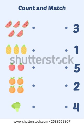Counting game fruit theme for children. Fun worksheet. Math game for kindergarten. Math worksheet