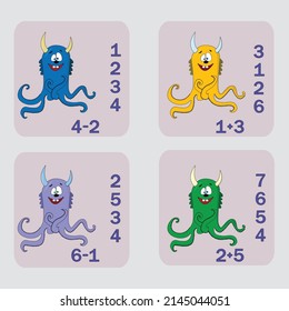 counting game with funny monsters. Preschool worksheet, kids activity sheet, printable worksheet