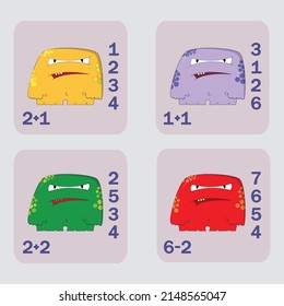 counting game with funny monsters. Preschool worksheet, kids activity sheet, printable worksheet
