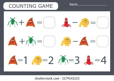 counting game with funny monsters . Preschool worksheet, kids activity sheet, printable worksheet