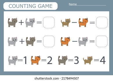 counting game with funny pets. Preschool worksheet, kids activity sheet, printable worksheet