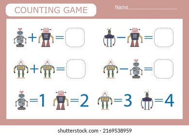 counting game with funny robots . Preschool worksheet, kids activity sheet, printable worksheet
