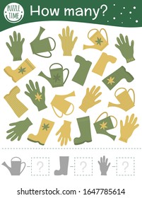 Counting game with garden symbols. Spring math activity for preschool children. How many objects worksheet. Educational riddle with cute funny pictures