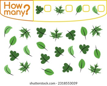 Counting game with green leaves for preschool children. Count how many leaves by types and write the result. Vector illustration isolated on white background