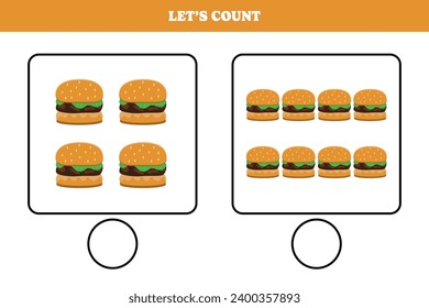 Counting game with hamburger. Educational worksheet design for preschool, kindergarten students. Learning mathematics. Brain teaser fun activity for kids.