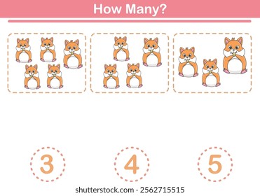 Counting game of hamsters for preschool kids. Printable. Vector Illustration