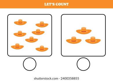 Counting game with hat. Educational worksheet design for preschool, kindergarten students. Learning mathematics. Brain teaser fun activity for kids.