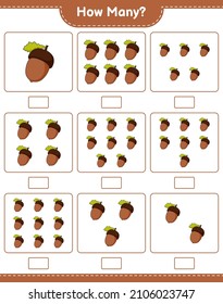 Counting game, how many Acorn. Educational children game, printable worksheet, vector illustration