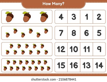 Counting game, how many Acorn. Educational children game, printable worksheet, vector illustration
