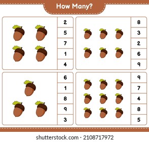 Counting game, how many Acorn. Educational children game, printable worksheet, vector illustration