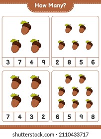 Counting game, how many Acorn. Educational children game, printable worksheet, vector illustration