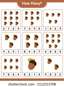 Counting game, how many Acorn. Educational children game, printable worksheet, vector illustration