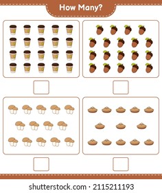 Counting game, how many Acorn, Tea Cup, Pie, and Mushroom Boletus. Educational children game, printable worksheet, vector illustration
