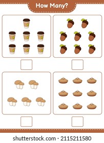 Counting game, how many Acorn, Tea Cup, Pie, and Mushroom Boletus. Educational children game, printable worksheet, vector illustration