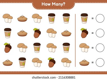 Counting game, how many Acorn, Tea Cup, Pie, and Mushroom Boletus. Educational children game, printable worksheet, vector illustration