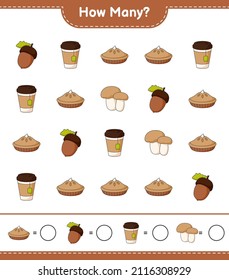 Counting game, how many Acorn, Tea Cup, Pie, and Mushroom Boletus. Educational children game, printable worksheet, vector illustration
