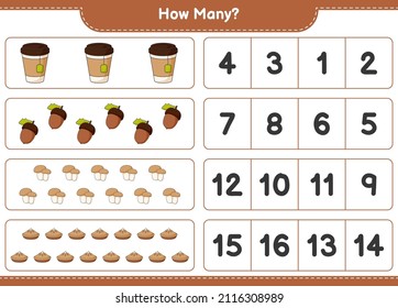 Counting game, how many Acorn, Tea Cup, Pie, and Mushroom Boletus. Educational children game, printable worksheet, vector illustration